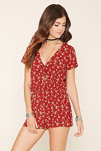 Forever21 Women's  Burgundy & Yellow Sunflower Print Romper