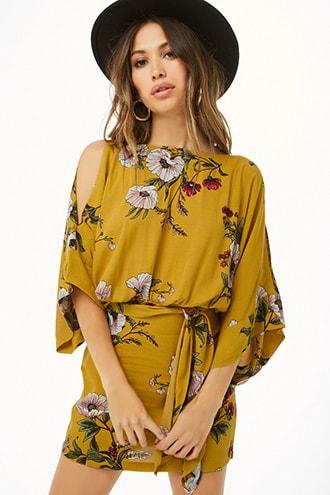 Forever21 Floral Open-shoulder Kimono Sleeve Dress