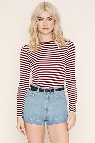 Forever21 Women's  Burgundy & Cream Striped Knit Top