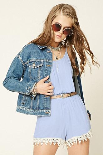 Forever21 Women's Light Blue Crochet-trimmed Romper