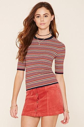 Forever21 Women's  Navy & Brick Striped Ribbed Knit Tee