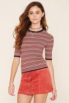 Forever21 Women's  Navy & Brick Striped Ribbed Knit Tee