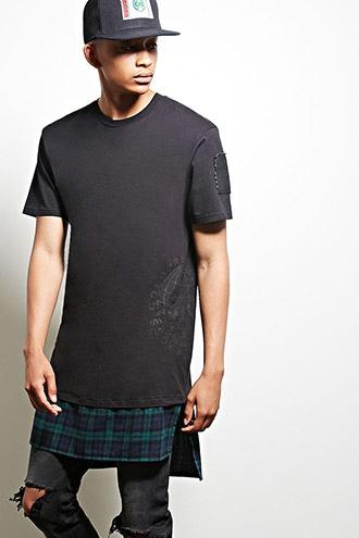 21 Men Men's  Cross Colours Plaid Hem Tee
