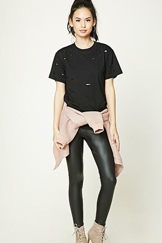 Forever21 Women's  Black Distressed Crew Neck Tee