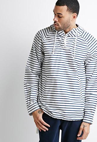 21 Men Men's  White & Blue Striped Cotton Hooded Windbreaker