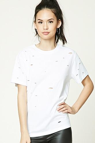 Forever21 Women's  White Distressed Crew Neck Tee