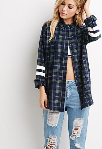 Forever21 Varsity-striped Plaid Flannel Shirt