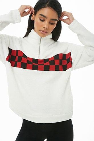 Forever21 Plush Checkered-panel Pullover