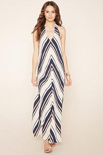 Love21 Women's  Beige & Navy Contemporary Halter Maxi Dress