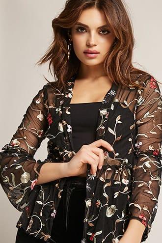 Forever21 Sheer Mesh Floral Open-front Jacket