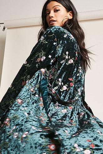 Forever21 Crushed Velvet Embroidered Duster Cardigan