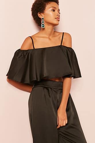 Forever21 Satin Open-shoulder Crop Top And Pants Set
