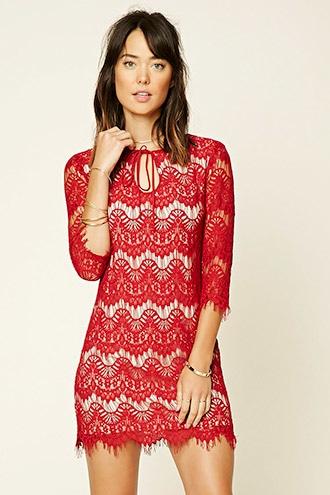 Love21 Women's  Red & Nude Contemporary Eyelash Lace Dress