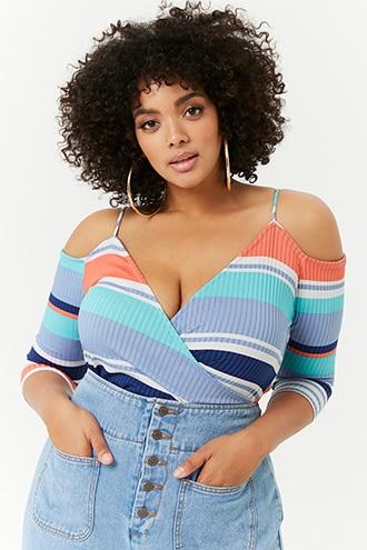 Forever21 Plus Size Asymmetrical Open-shoulder Striped Top