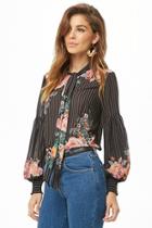 Forever21 Dash-striped Floral Balloon-sleeve Top