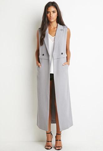Forever21 Women's  Double-breasted Longline Vest (grey)
