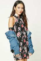 Forever21 Women's  Black & Red Floral Print High-neck Dress