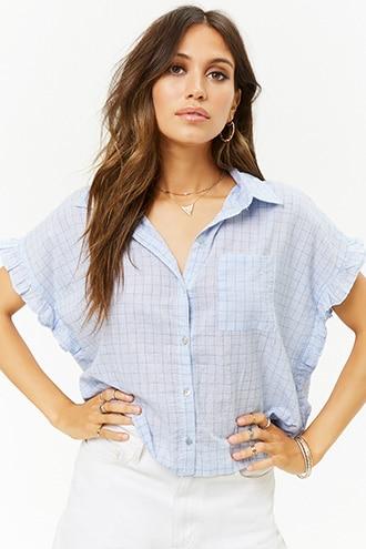 Forever21 Ruffle-trim Grid Print Shirt