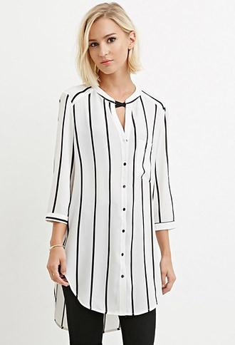Forever21 Women's  High-slit Striped Shirt (white/black)