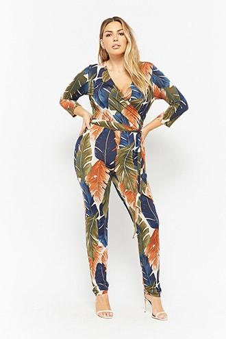 Forever21 Plus Size Foliage Print Surplice Jumpsuit