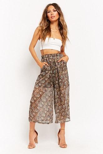 Forever21 Sheer Floral Suspender Culottes