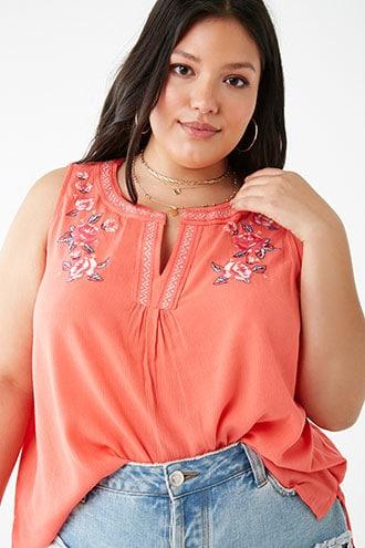 Forever21 Plus Size Crinkled Embroidered High-low Top