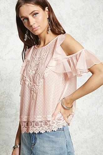 Forever21 Sheer Open-shoulder Crochet Top