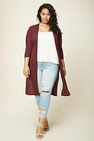 Forever21 Plus Women's  Wine Plus Size Longline Cardigan
