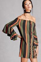 Forever21 Women's  Olive Striped Off-the-shoulder Dress