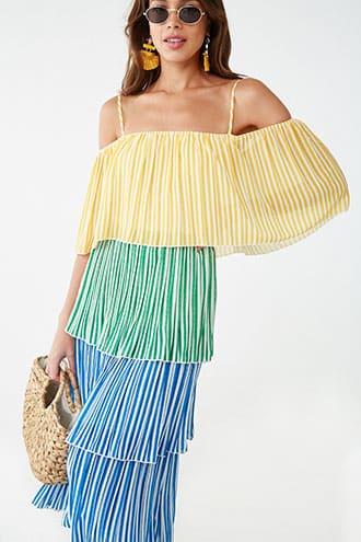 Forever21 Tiered Open-shoulder Patternblock Dress