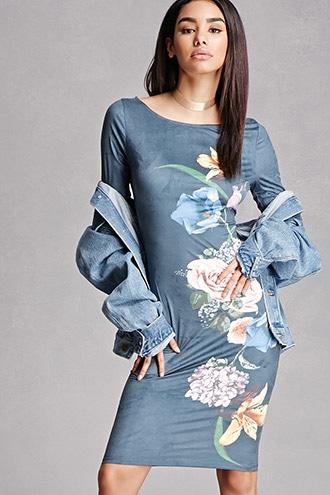 Forever21 Faux Suede Floral Bodycon Dress