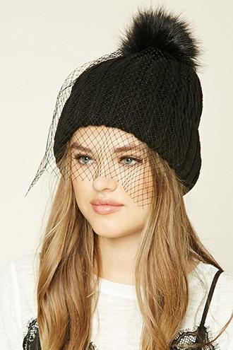 Forever21 Women's  Veiled Pom-pom Beanie