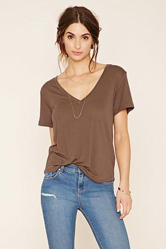 Love21 Women's  Brown Contemporary Slub Knit V-neck Tee
