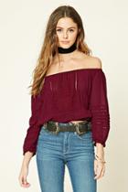 Forever21 Women's  Burgundy Floral-embroidered Peasant Top