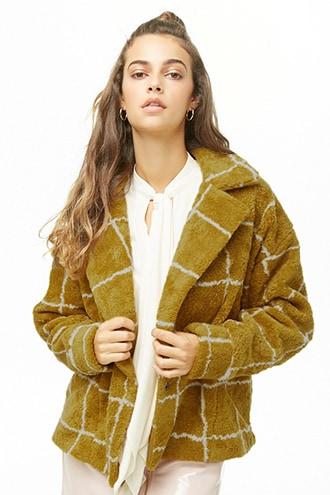 Forever21 Grid Print Faux Shearling Coat