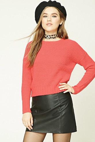 Forever21 Women's  Rose Boxy Ribbed Knit Sweater
