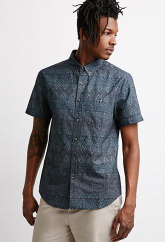 21 Men Mixed Geo Print Shirt Teal/grey X-small