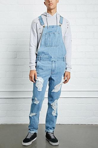 21 Men Men's  Light Denim Distressed Denim Overalls