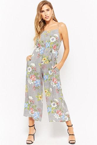 Forever21 Houndstooth Floral Capri Jumpsuit