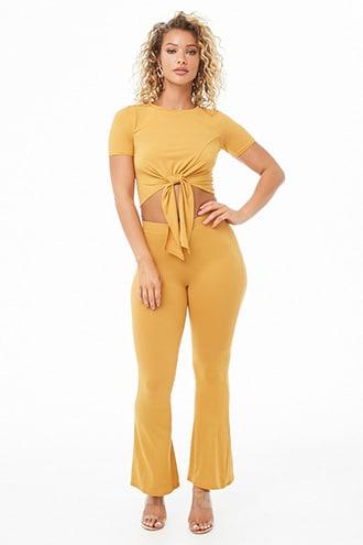 Forever21 Tie-front Crop Top & Flare Pants Set