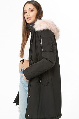 Forever21 Hooded Faux Fur-trim Longline Jacket