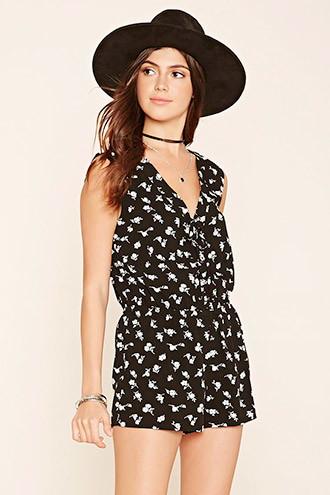 Forever21 Women's  Black & Cream Floral Print Lace-up Romper