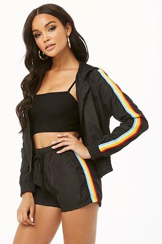 Forever21 Striped-trim Windbreaker Jacket & Shorts Set