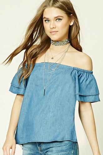 Forever21 Chambray Flounce-sleeve Top