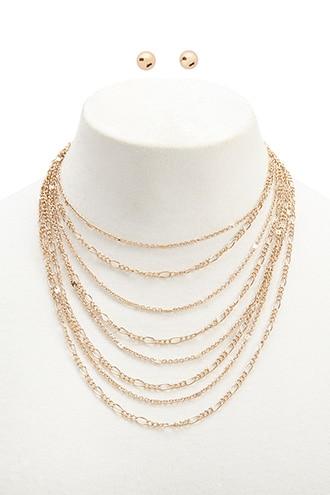 Forever21 Layered Figaro Chain Necklace & Ball Stud Earring Set