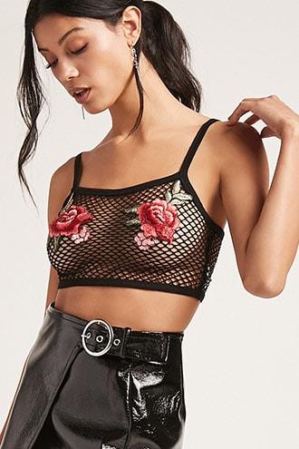 Forever21 Floral Sheer Fishnet Crop Top