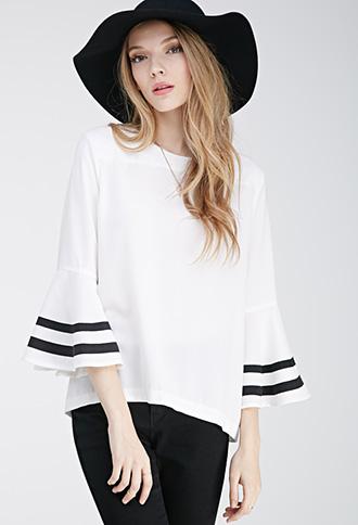 Forever21 Striped Trumpet Sleeve Top Cream/black Small