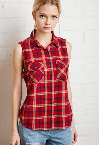 Forever21 Women's  Red Tartan Plaid Top