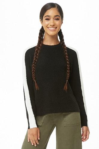 Forever21 Ribbed Striped-trim High-low Sweater