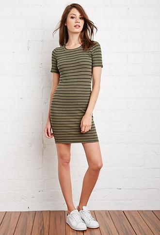 Forever21 Women's  Stripe Ribbed Knit Dress (olive/black)